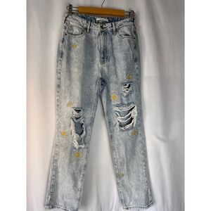 Pacsun Mom Jeans 27 Ripped Distressed Acid Wash High Waist Embroidered Daisies